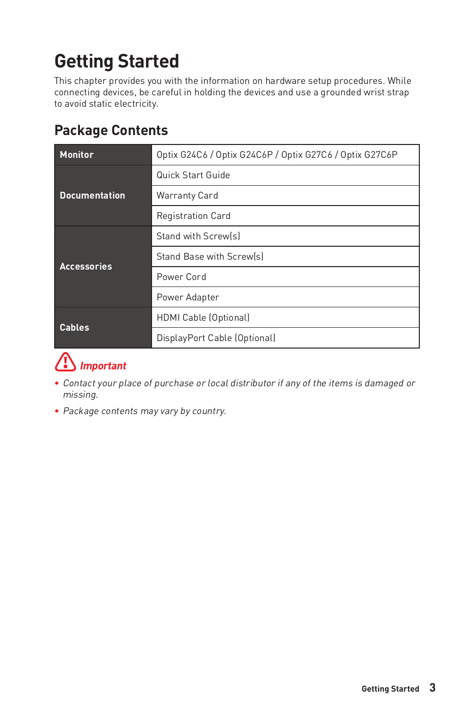 Getting started, Package contents | MSI Optix G24C6P 23.8" 16:9 Curved FreeSync Full HD 144 Hz VA Gaming Monitor User Manual | Page 3 / 25