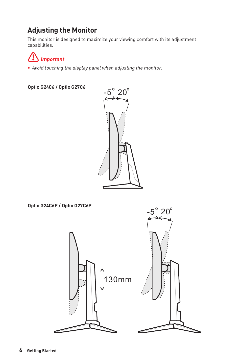 Adjusting the monitor, 130mm -5 | MSI Optix G24C6P 23.8" 16:9 Curved FreeSync Full HD 144 Hz VA Gaming Monitor User Manual | Page 6 / 25