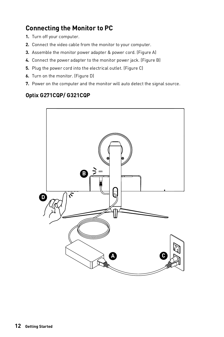 Connecting the monitor to pc | MSI Optix G271CQP E2 27" 1440p 170 Hz Curved Gaming Monitor User Manual | Page 12 / 33