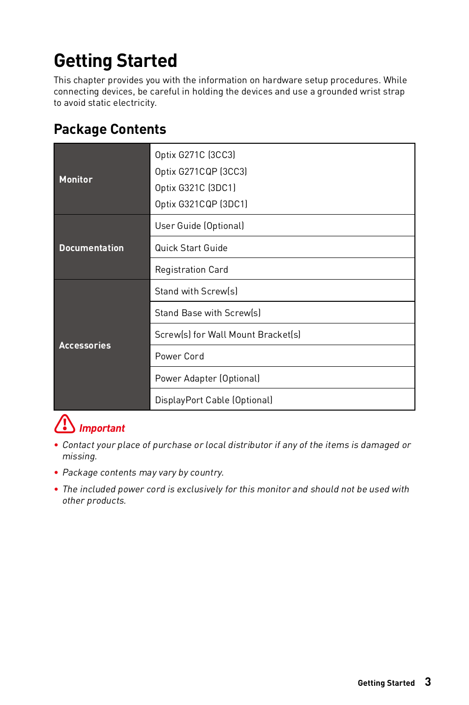 Getting started, Package contents | MSI Optix G271CQP E2 27" 1440p 170 Hz Curved Gaming Monitor User Manual | Page 3 / 33