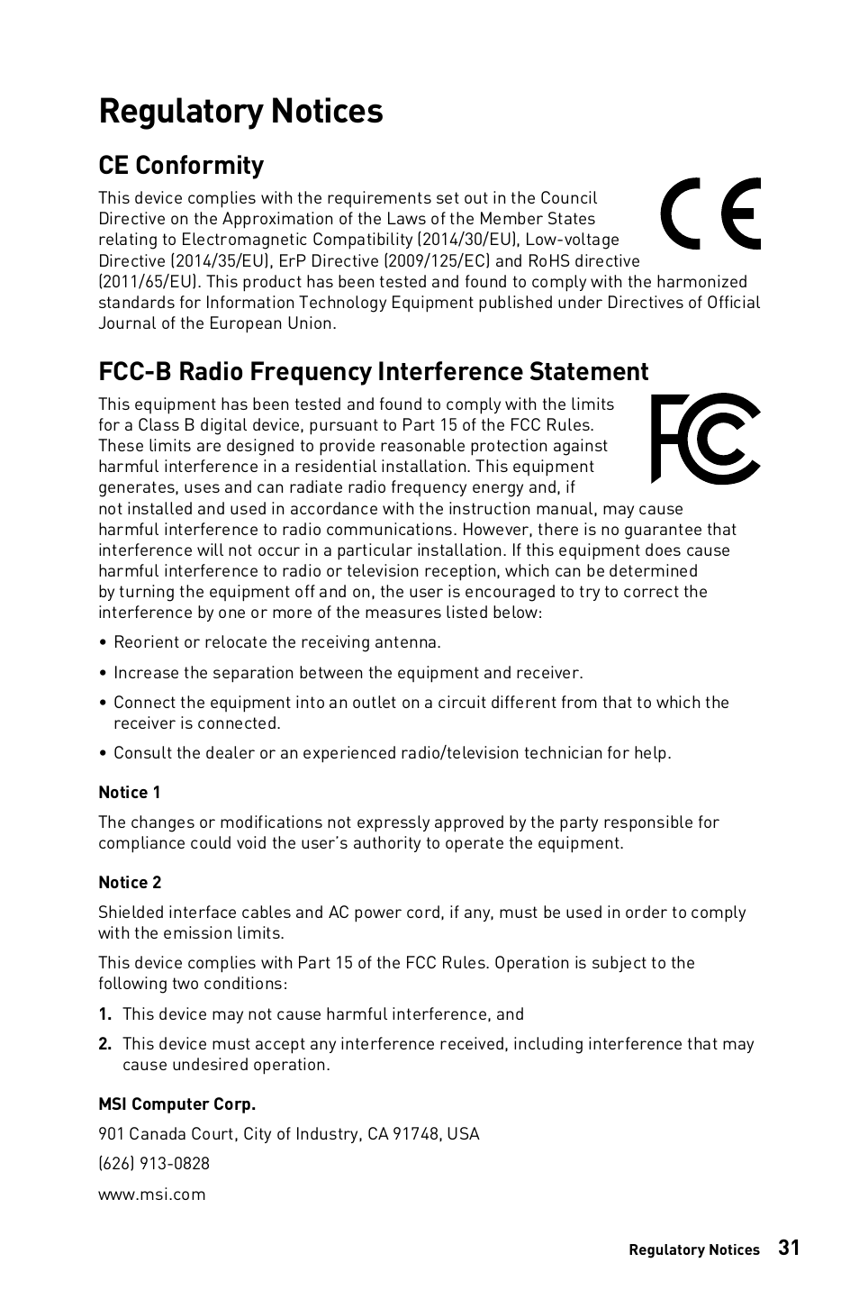Regulatory notices, Ce conformity, Fcc-b radio frequency interference statement | MSI Optix G271CQP E2 27" 1440p 170 Hz Curved Gaming Monitor User Manual | Page 31 / 33