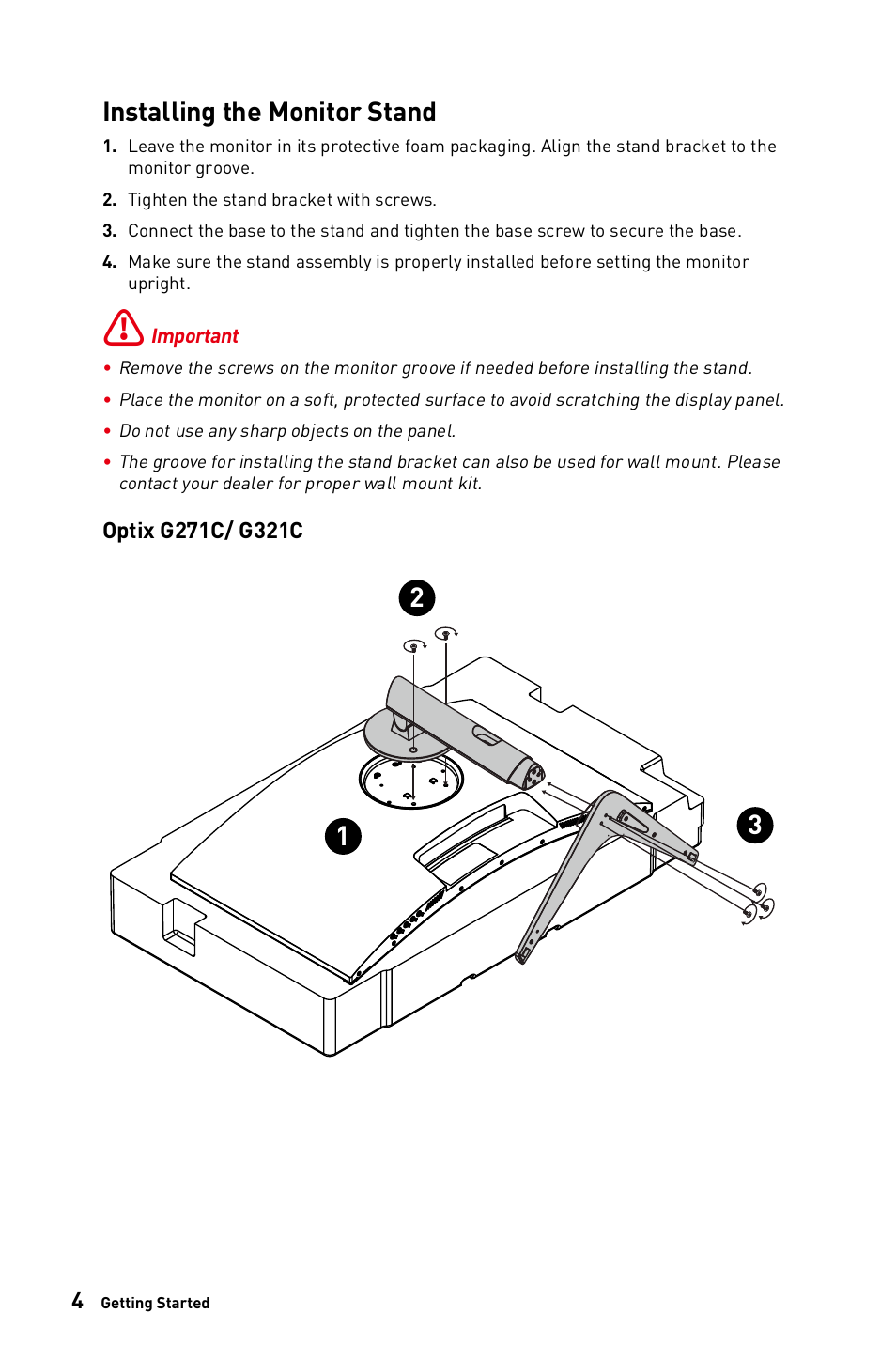 Installing the monitor stand | MSI Optix G271CQP E2 27" 1440p 170 Hz Curved Gaming Monitor User Manual | Page 4 / 33