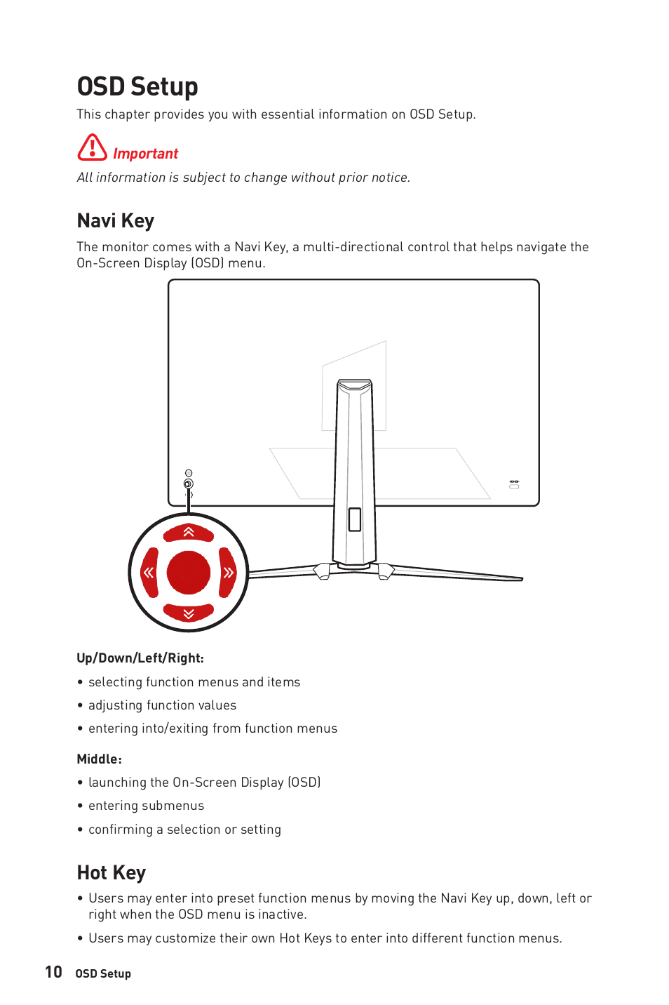 Osd setup, Navi key, Hot key | Navi key hot key | MSI MPG ARTYMIS 273CQR 27" 16:9 Curved FreeSync 165 Hz QHD HDR VA Gaming Monitor User Manual | Page 10 / 30