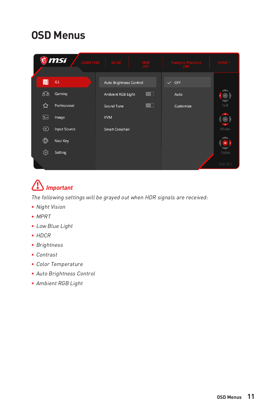 Osd menus | MSI MPG ARTYMIS 273CQR 27" 16:9 Curved FreeSync 165 Hz QHD HDR VA Gaming Monitor User Manual | Page 11 / 30