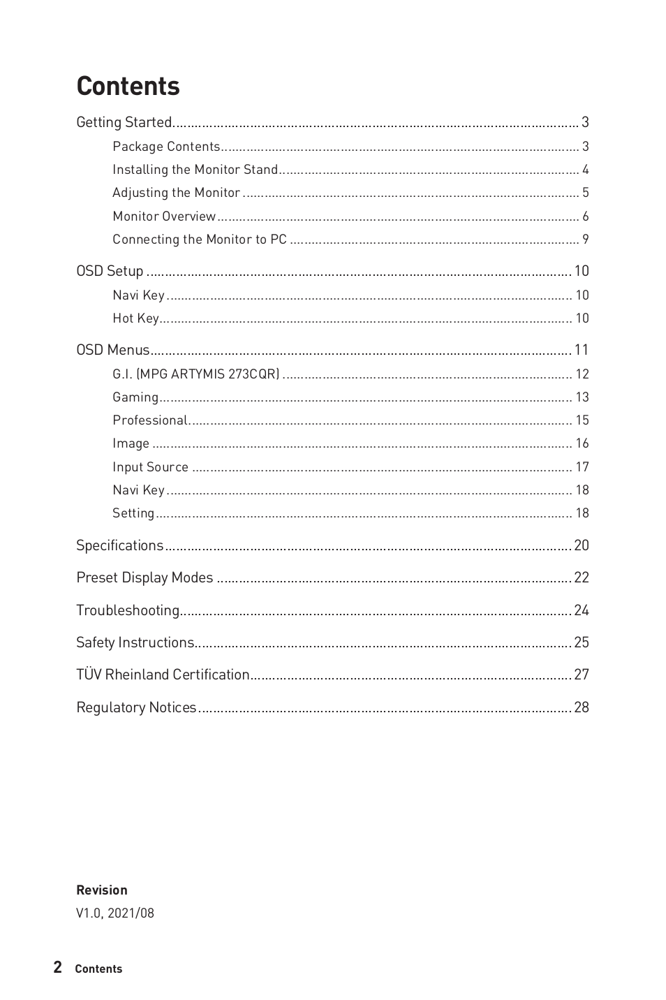 MSI MPG ARTYMIS 273CQR 27" 16:9 Curved FreeSync 165 Hz QHD HDR VA Gaming Monitor User Manual | Page 2 / 30