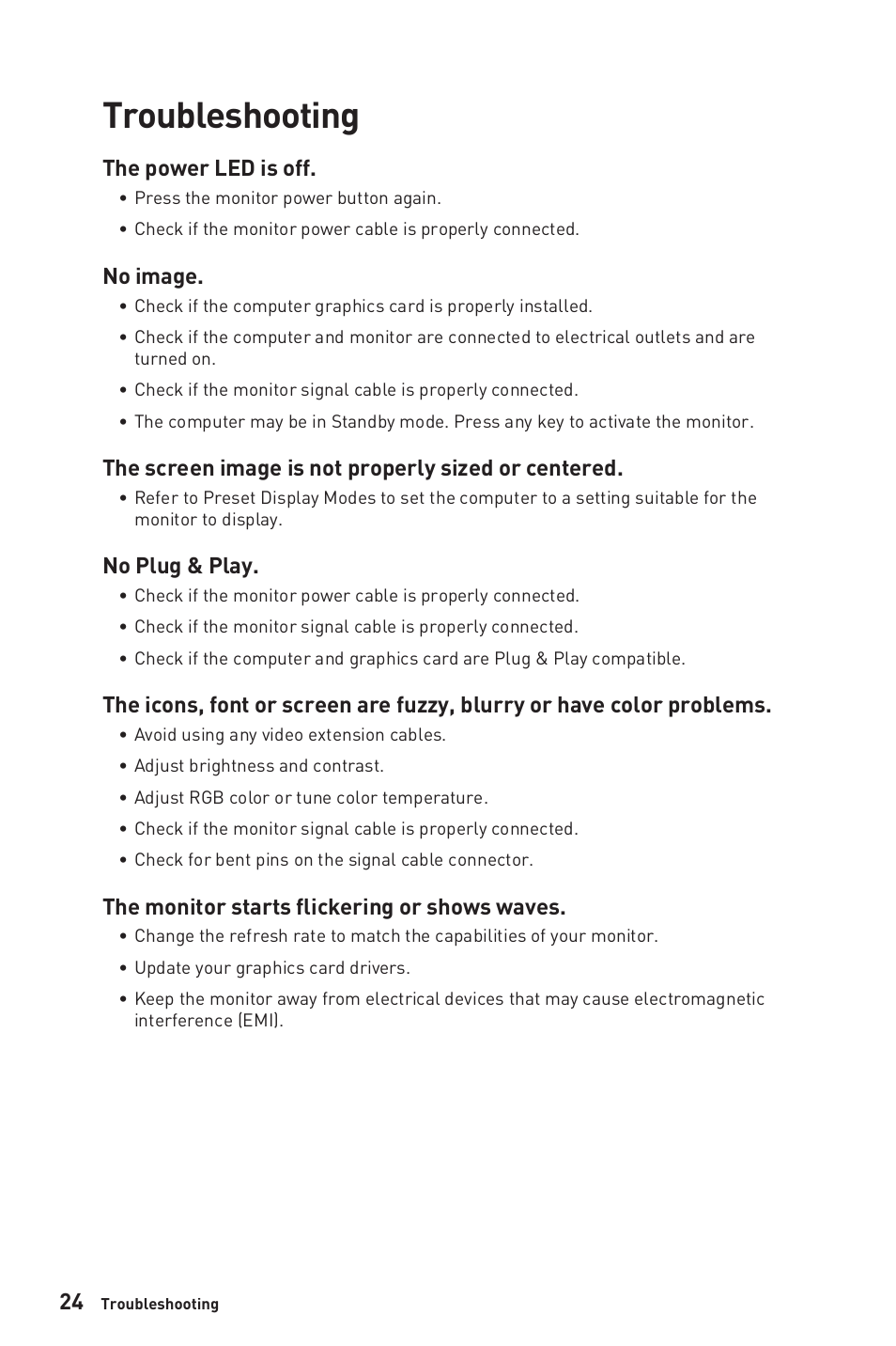 Troubleshooting, The power led is off, No image | The screen image is not properly sized or centered, No plug & play, The monitor starts flickering or shows waves | MSI MPG ARTYMIS 273CQR 27" 16:9 Curved FreeSync 165 Hz QHD HDR VA Gaming Monitor User Manual | Page 24 / 30