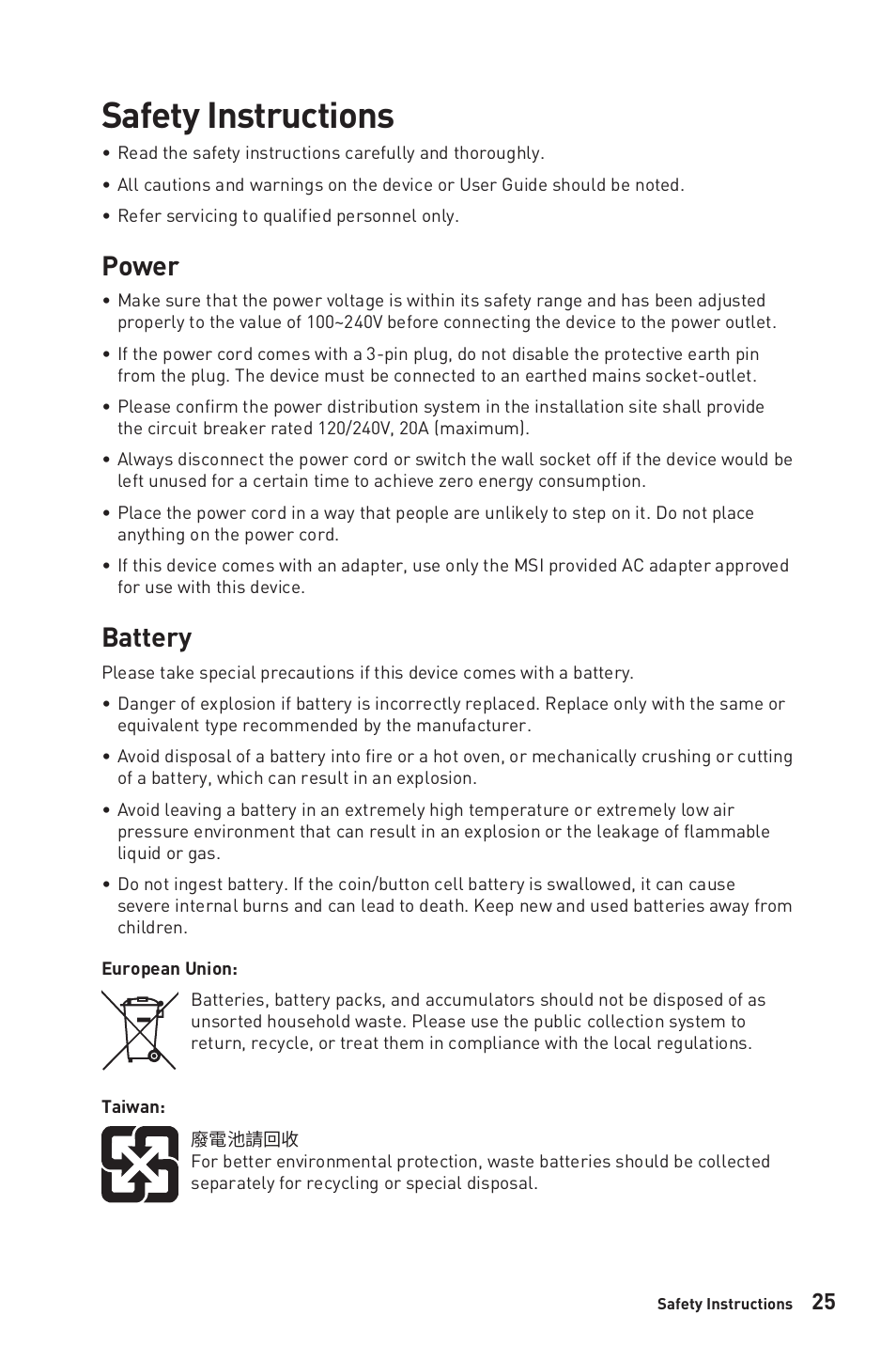 Safety instructions, Power, Battery | MSI MPG ARTYMIS 273CQR 27" 16:9 Curved FreeSync 165 Hz QHD HDR VA Gaming Monitor User Manual | Page 25 / 30