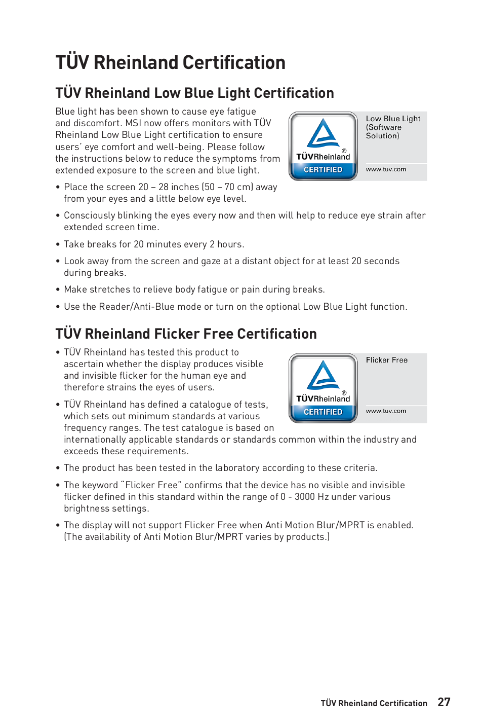 Tüv rheinland certification, Tüv rheinland low blue light certification, Tüv rheinland flicker free certification | MSI MPG ARTYMIS 273CQR 27" 16:9 Curved FreeSync 165 Hz QHD HDR VA Gaming Monitor User Manual | Page 27 / 30