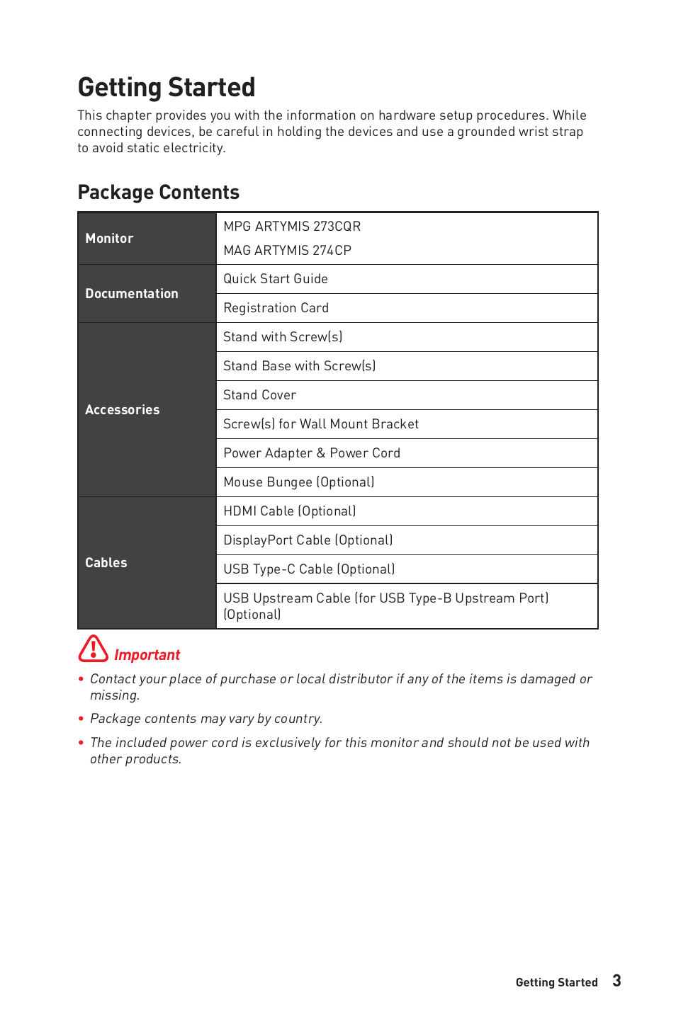 Getting started, Package contents | MSI MPG ARTYMIS 273CQR 27" 16:9 Curved FreeSync 165 Hz QHD HDR VA Gaming Monitor User Manual | Page 3 / 30