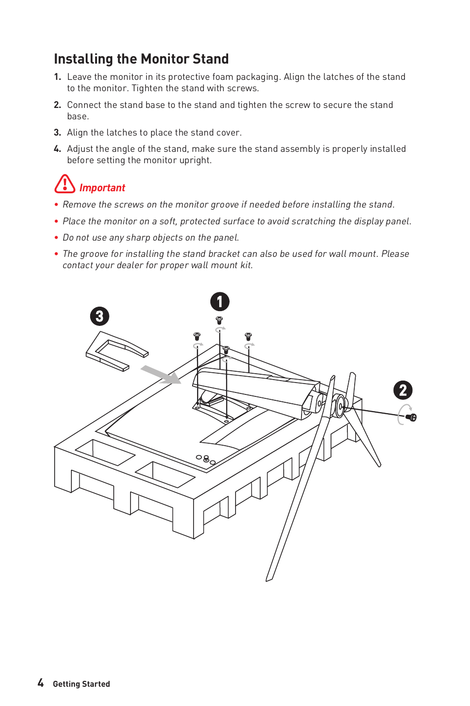 Installing the monitor stand | MSI MPG ARTYMIS 273CQR 27" 16:9 Curved FreeSync 165 Hz QHD HDR VA Gaming Monitor User Manual | Page 4 / 30