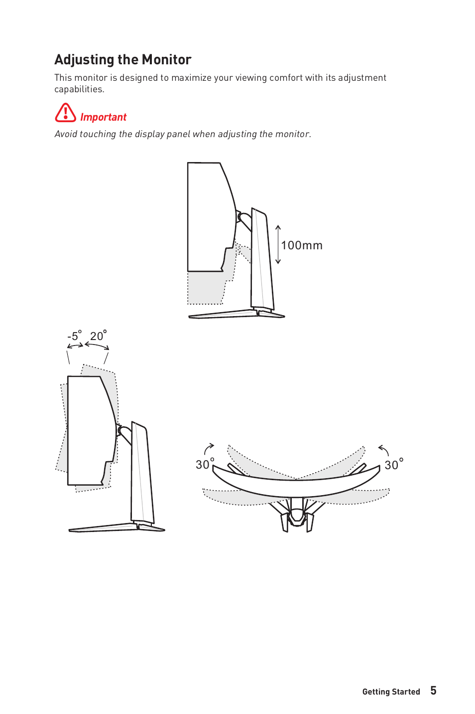 Adjusting the monitor | MSI MPG ARTYMIS 273CQR 27" 16:9 Curved FreeSync 165 Hz QHD HDR VA Gaming Monitor User Manual | Page 5 / 30