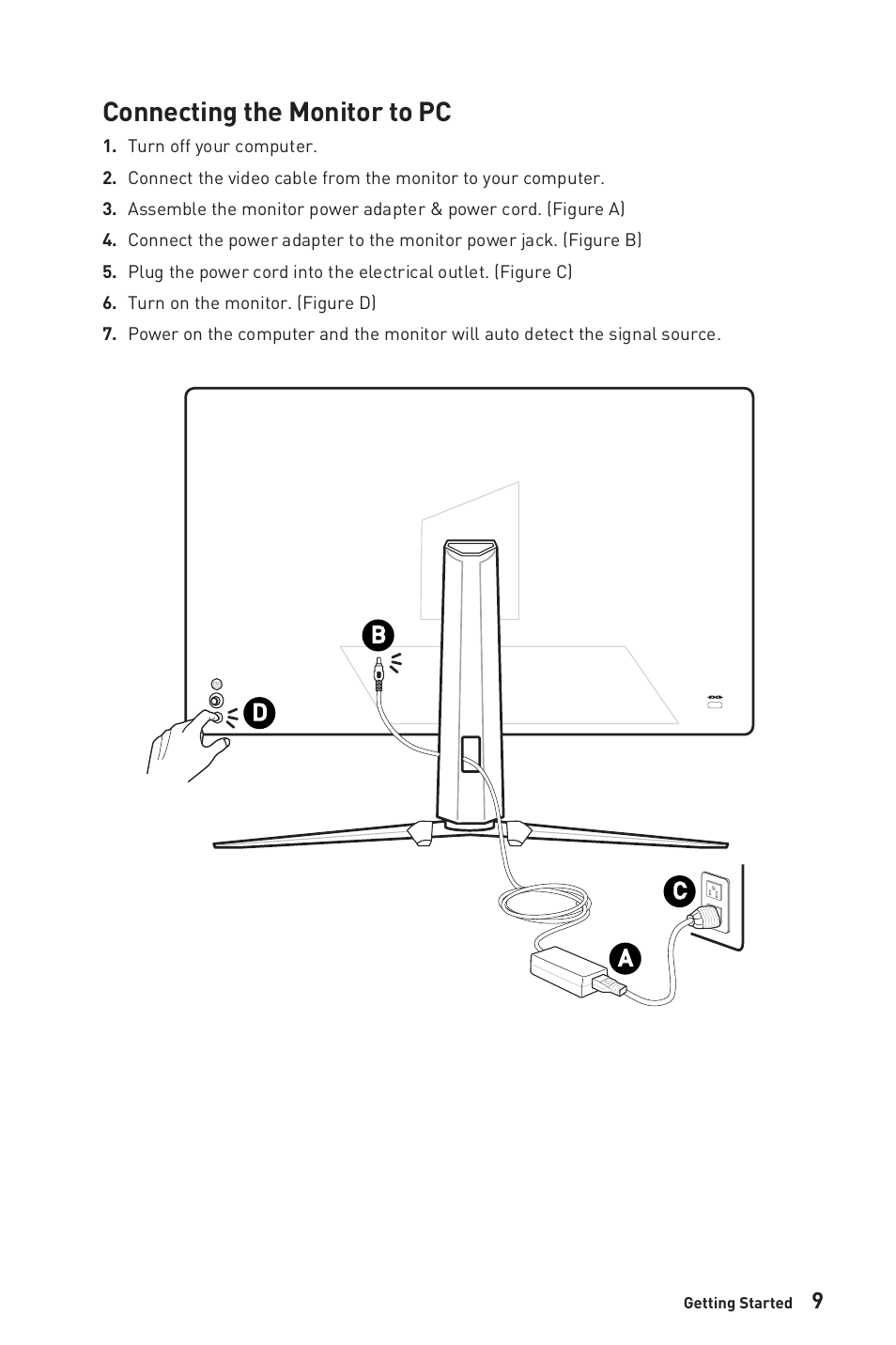 Connecting the monitor to pc, Bc d a | MSI MPG ARTYMIS 273CQR 27" 16:9 Curved FreeSync 165 Hz QHD HDR VA Gaming Monitor User Manual | Page 9 / 30