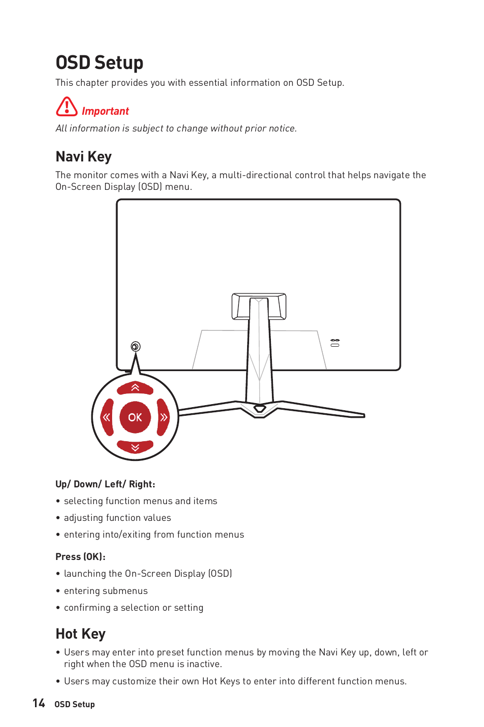 Osd setup, Navi key, Hot key | Navi key hot key | MSI G32CQ4 E2 31.5" 1440p 170 Hz Curved Gaming Monitor User Manual | Page 14 / 35