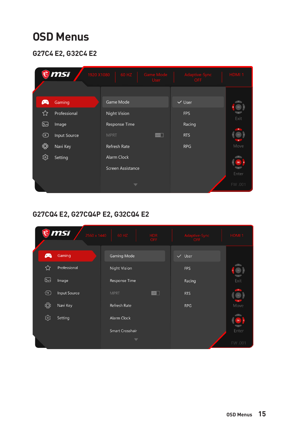 Osd menus | MSI G32CQ4 E2 31.5" 1440p 170 Hz Curved Gaming Monitor User Manual | Page 15 / 35