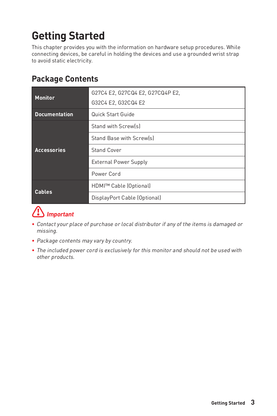 Getting started, Package contents | MSI G32CQ4 E2 31.5" 1440p 170 Hz Curved Gaming Monitor User Manual | Page 3 / 35