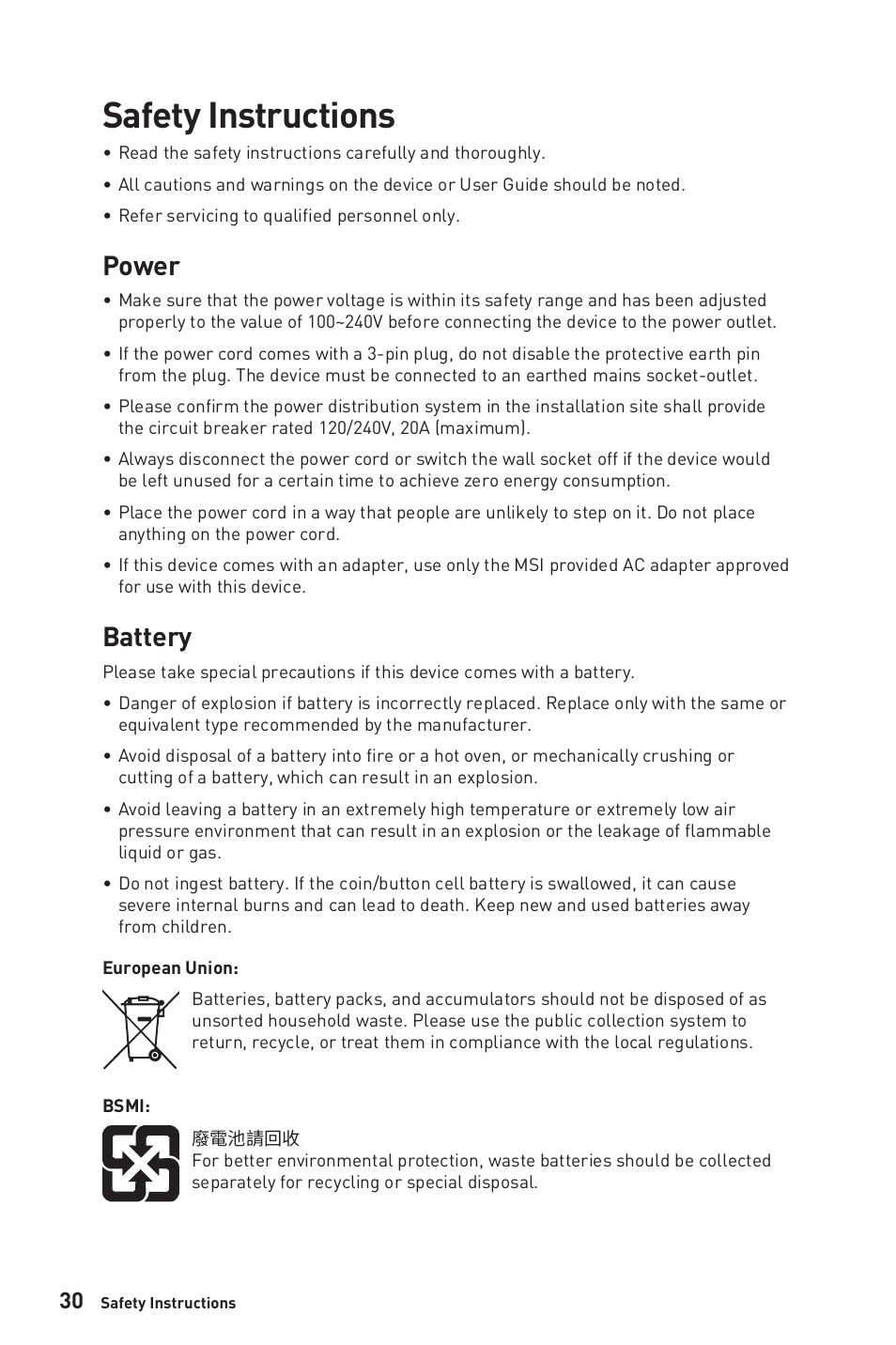 Safety instructions, Power, Battery | MSI G32CQ4 E2 31.5" 1440p 170 Hz Curved Gaming Monitor User Manual | Page 30 / 35