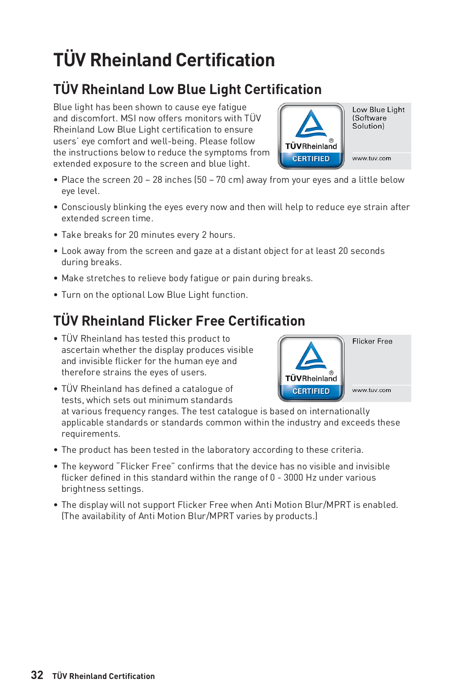 Tüv rheinland certification, Tüv rheinland low blue light certification, Tüv rheinland flicker free certification | MSI G32CQ4 E2 31.5" 1440p 170 Hz Curved Gaming Monitor User Manual | Page 32 / 35