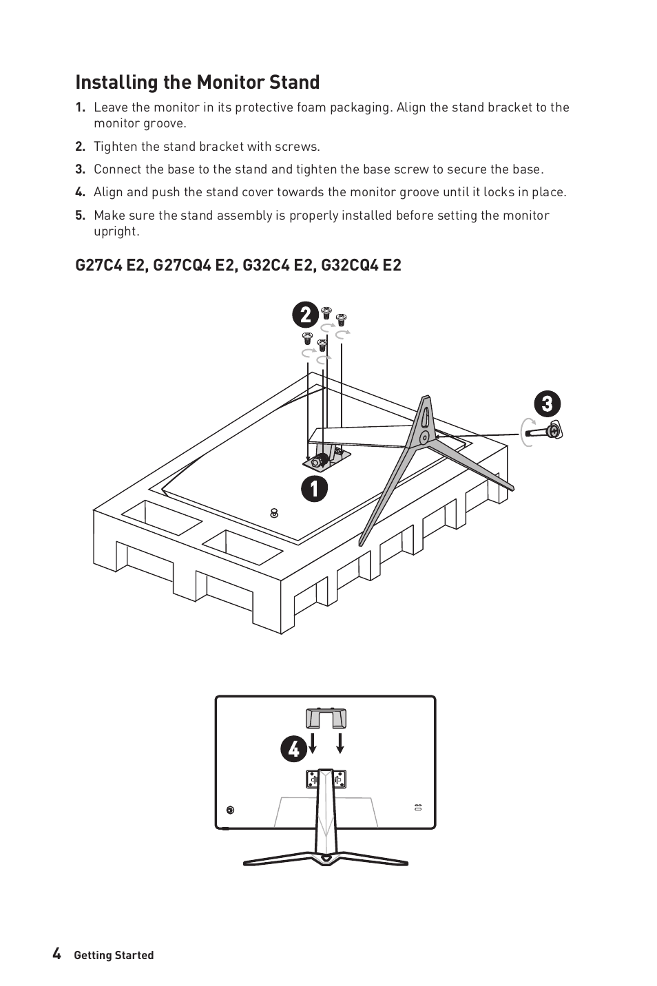 Installing the monitor stand | MSI G32CQ4 E2 31.5" 1440p 170 Hz Curved Gaming Monitor User Manual | Page 4 / 35