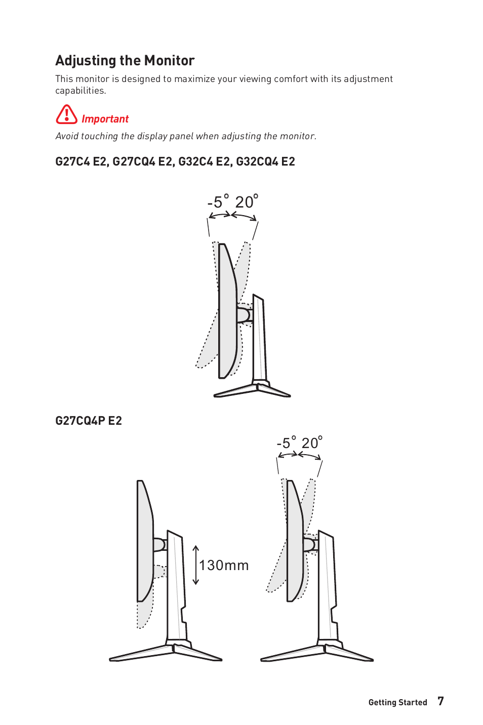 Adjusting the monitor, 130mm -5 | MSI G32CQ4 E2 31.5" 1440p 170 Hz Curved Gaming Monitor User Manual | Page 7 / 35