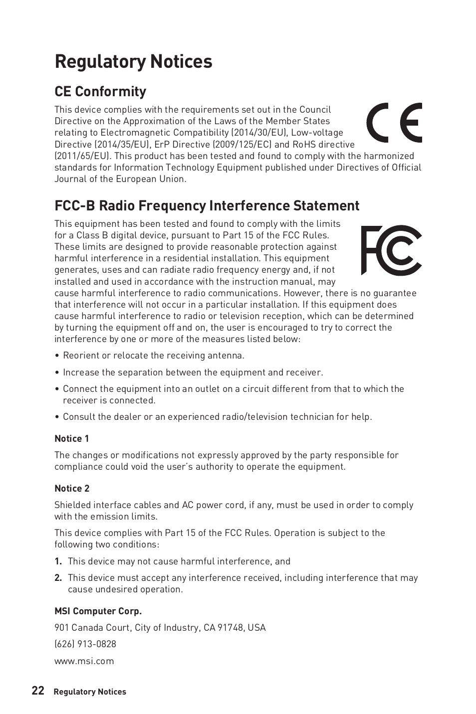 Regulatory notices, Ce conformity, Fcc-b radio frequency interference statement | MSI Optix MAG274QRF-QD eSports 27" 16:9 G-Sync 165 Hz HDR IPS Gaming Monitor User Manual | Page 22 / 24