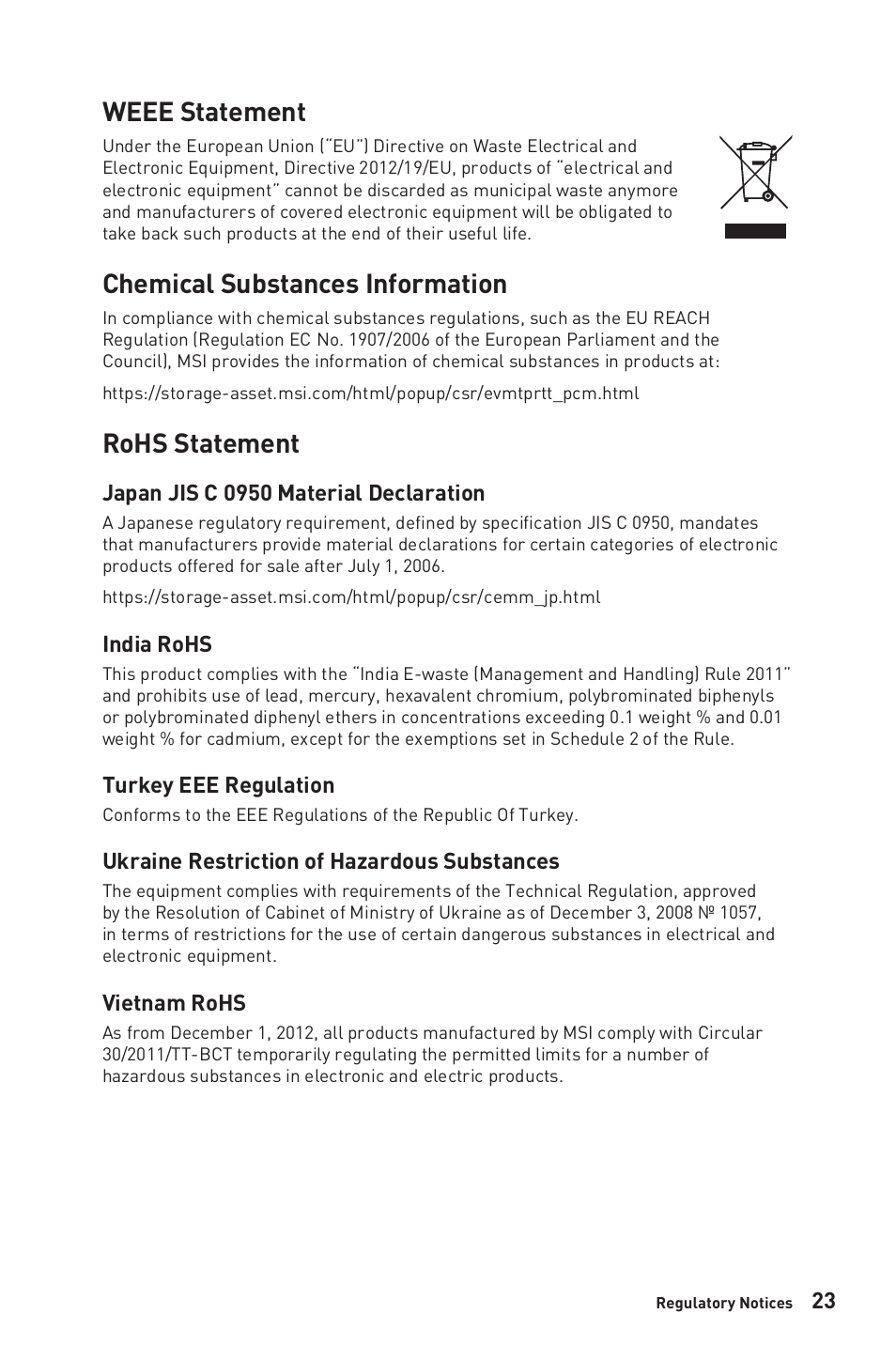 Weee statement, Chemical substances information, Rohs statement | MSI Optix MAG274QRF-QD eSports 27" 16:9 G-Sync 165 Hz HDR IPS Gaming Monitor User Manual | Page 23 / 24