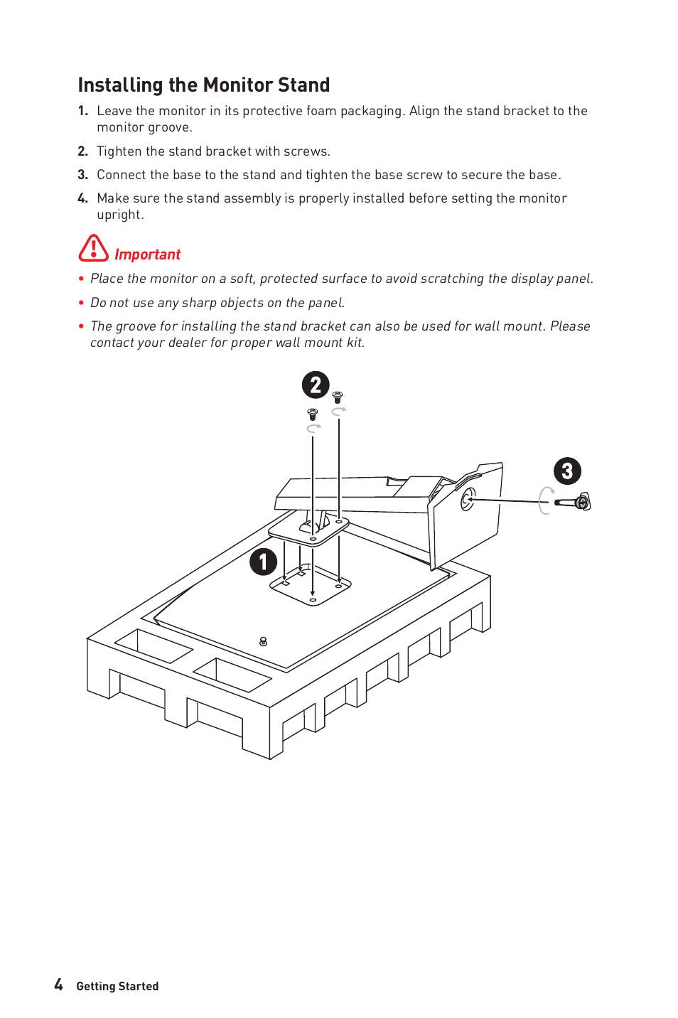 Installing the monitor stand | MSI Optix MAG274QRF-QD eSports 27" 16:9 G-Sync 165 Hz HDR IPS Gaming Monitor User Manual | Page 4 / 24