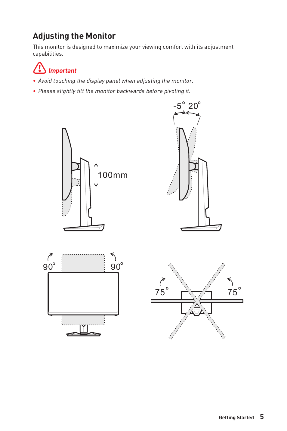 Adjusting the monitor | MSI Optix MAG274QRF-QD eSports 27" 16:9 G-Sync 165 Hz HDR IPS Gaming Monitor User Manual | Page 5 / 24