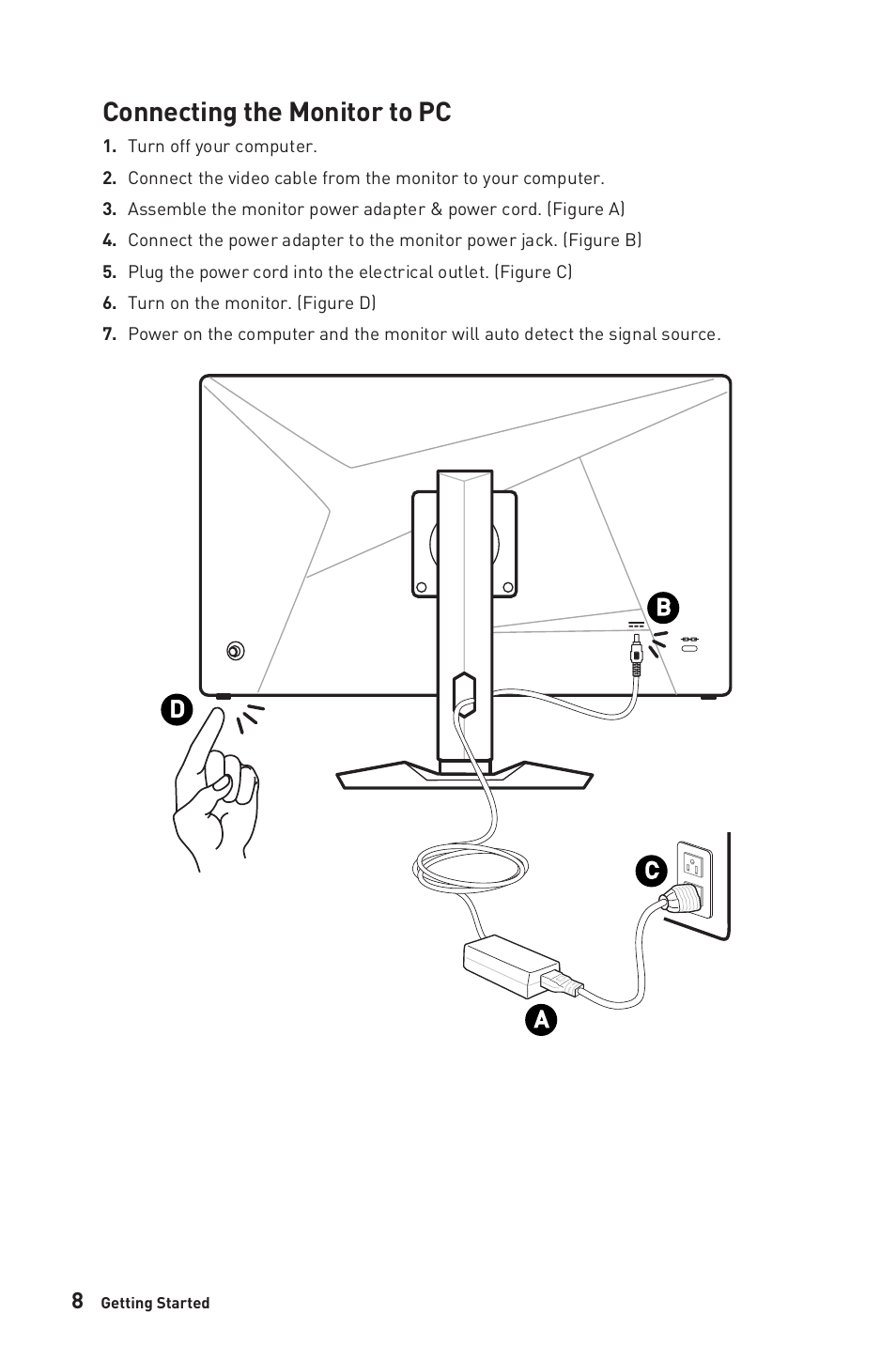 Connecting the monitor to pc, Ab c d | MSI Optix MAG274QRF-QD eSports 27" 16:9 G-Sync 165 Hz HDR IPS Gaming Monitor User Manual | Page 8 / 24