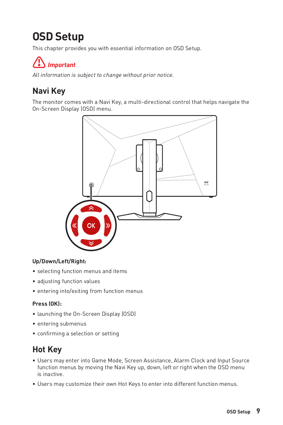 Osd setup, Navi key, Hot key | Navi key hot key | MSI Optix MAG274QRF-QD eSports 27" 16:9 G-Sync 165 Hz HDR IPS Gaming Monitor User Manual | Page 9 / 24