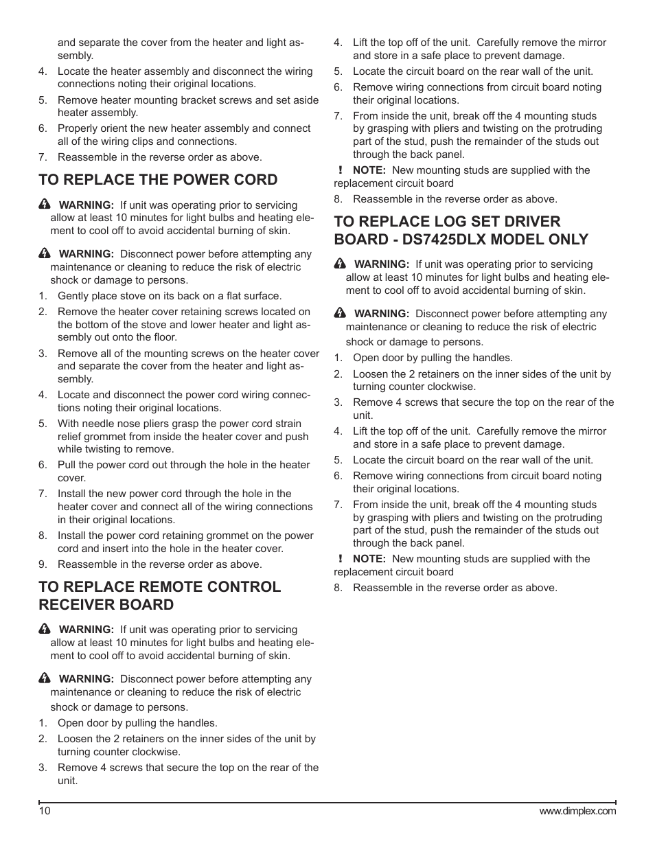 To replace the power cord, To replace remote control receiver board | Dimplex DS7420 User Manual | Page 10 / 12
