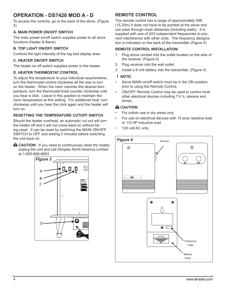 Operation - ds7420 mod a - d | Dimplex DS7420 User Manual | Page 4 / 12