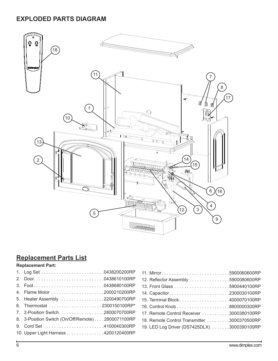 Exploded parts diagram, Exploded parts diagram replacement parts list | Dimplex DS7420 User Manual | Page 6 / 12