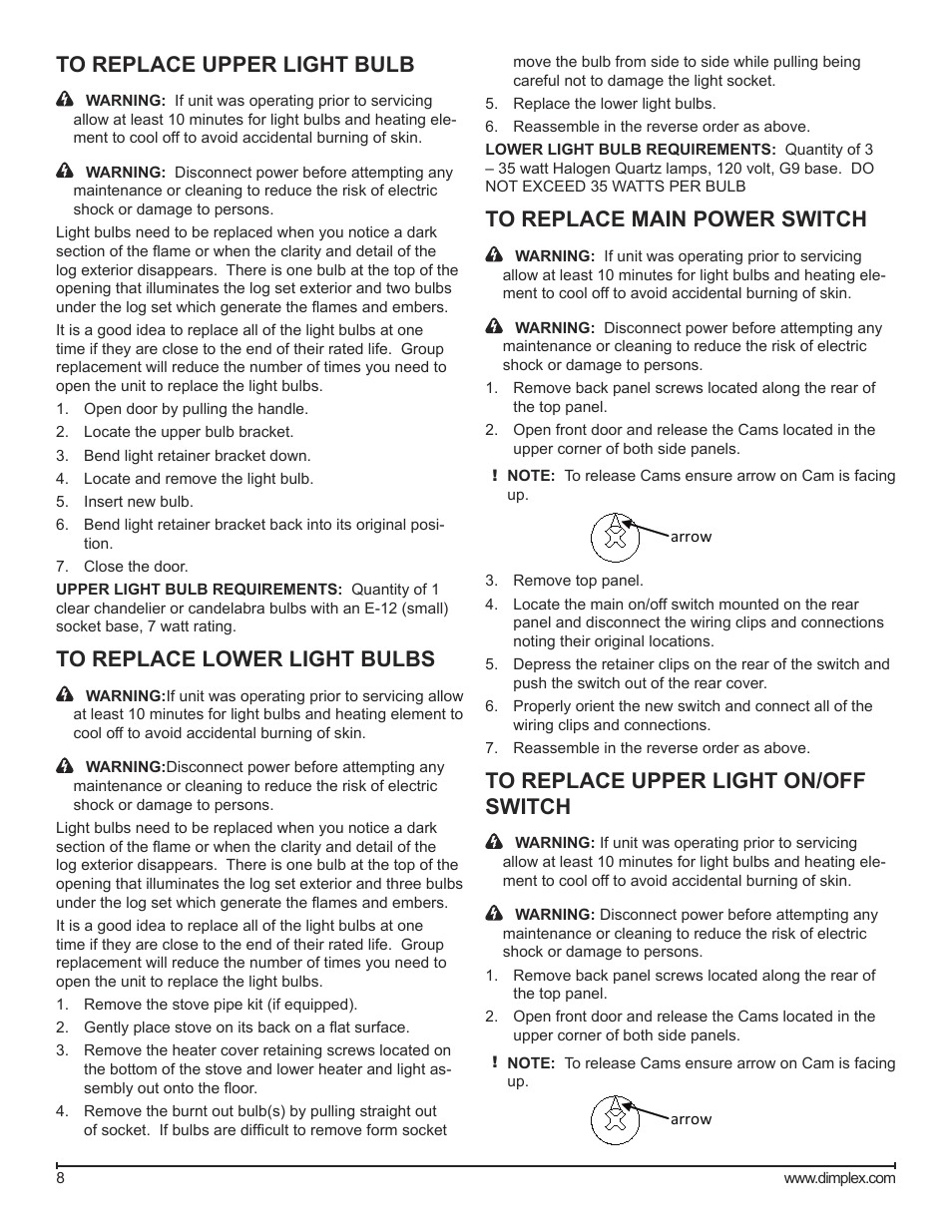 To replace upper light bulb, To replace lower light bulbs, To replace main power switch | To replace upper light on/off switch | Dimplex DS7420 User Manual | Page 8 / 12