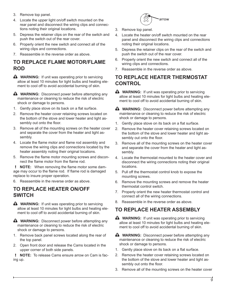 To replace flame motor/flame rod, To replace heater on/off switch, To replace heater thermostat control | To replace heater assembly | Dimplex DS7420 User Manual | Page 9 / 12