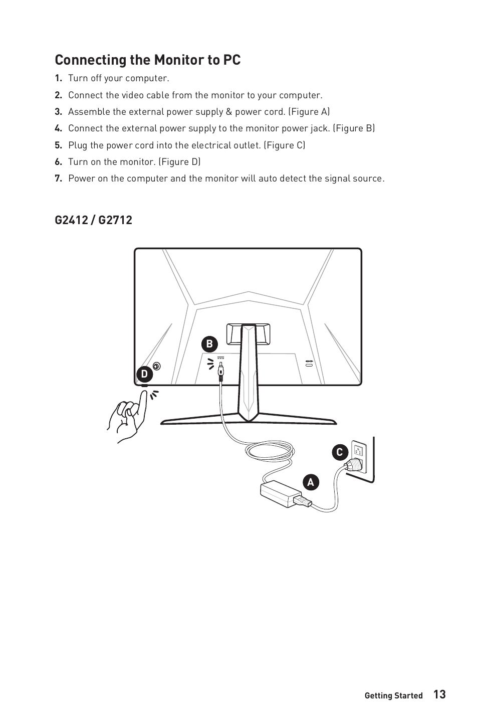 Connecting the monitor to pc | MSI Optix G2712 27" 170 Hz Gaming Monitor User Manual | Page 13 / 33