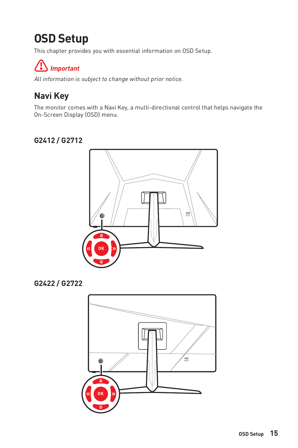 Osd setup, Navi key | MSI Optix G2712 27" 170 Hz Gaming Monitor User Manual | Page 15 / 33