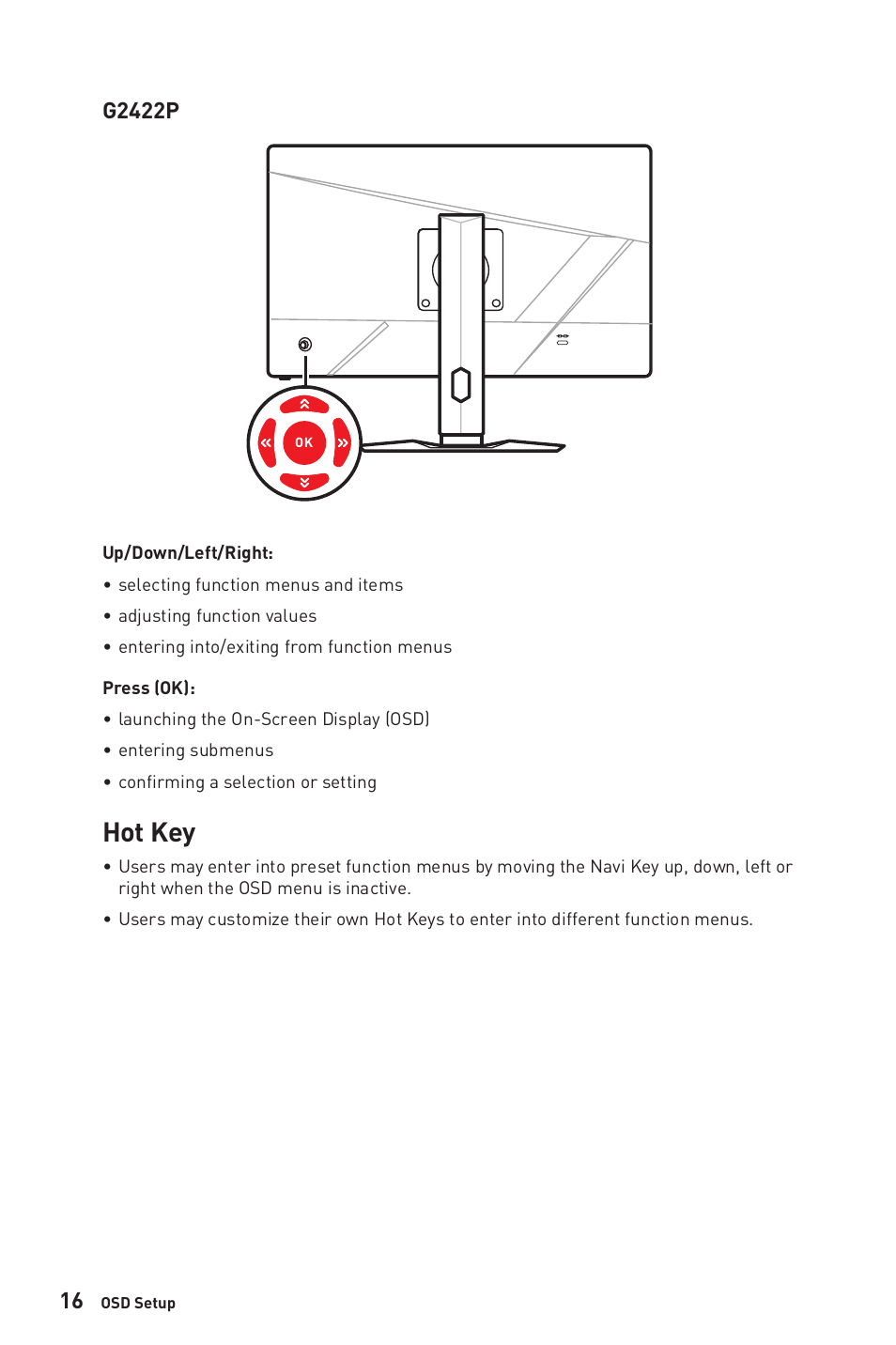 Hot key, G2422p | MSI Optix G2712 27" 170 Hz Gaming Monitor User Manual | Page 16 / 33