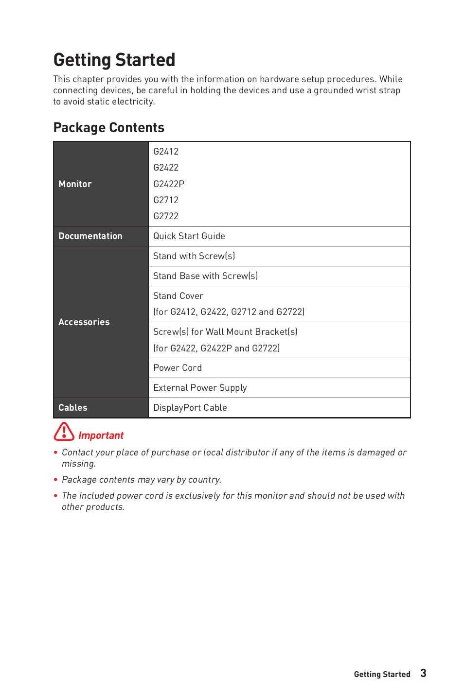 Getting started, Package contents | MSI Optix G2712 27" 170 Hz Gaming Monitor User Manual | Page 3 / 33