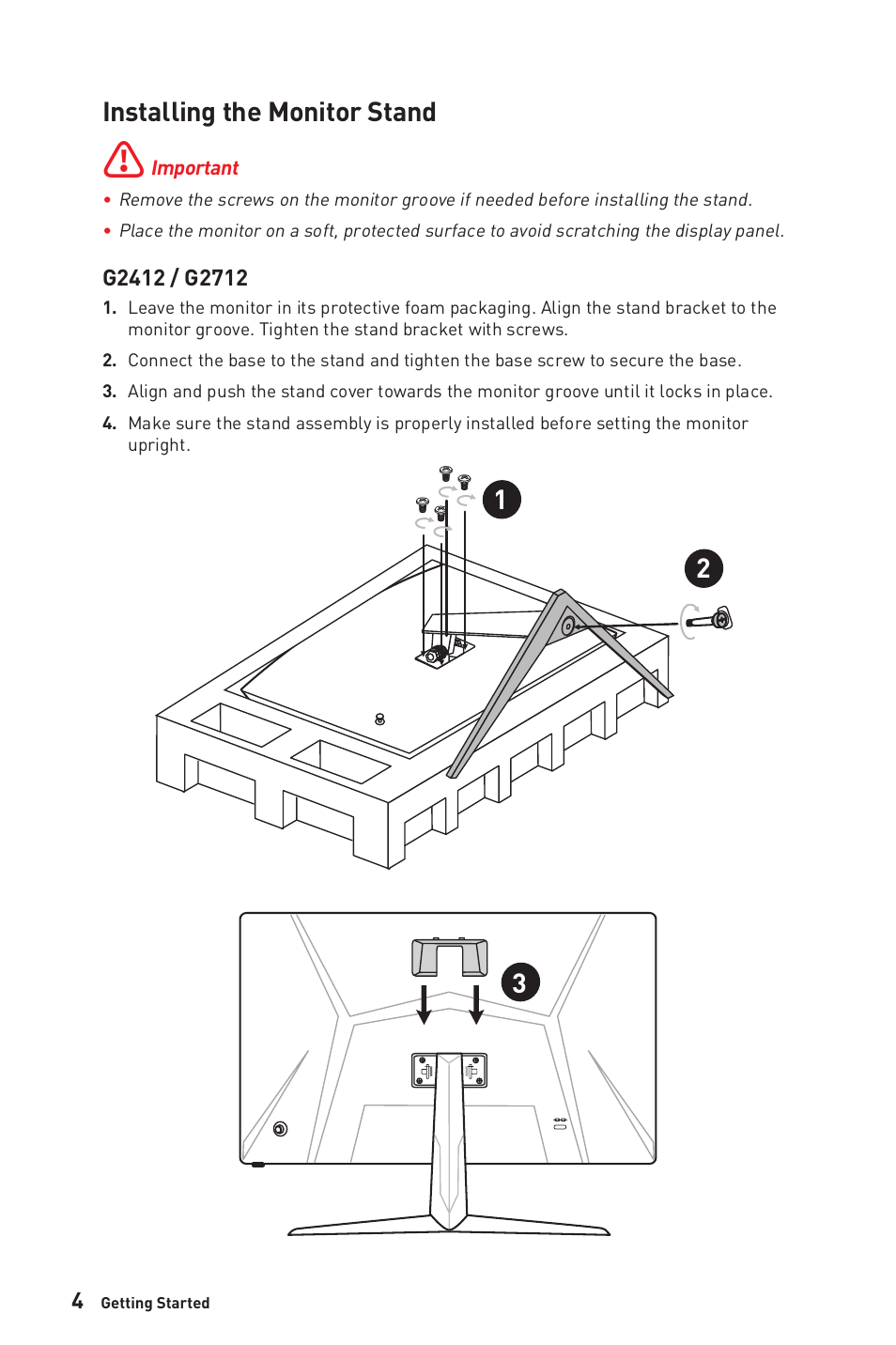 Installing the monitor stand | MSI Optix G2712 27" 170 Hz Gaming Monitor User Manual | Page 4 / 33