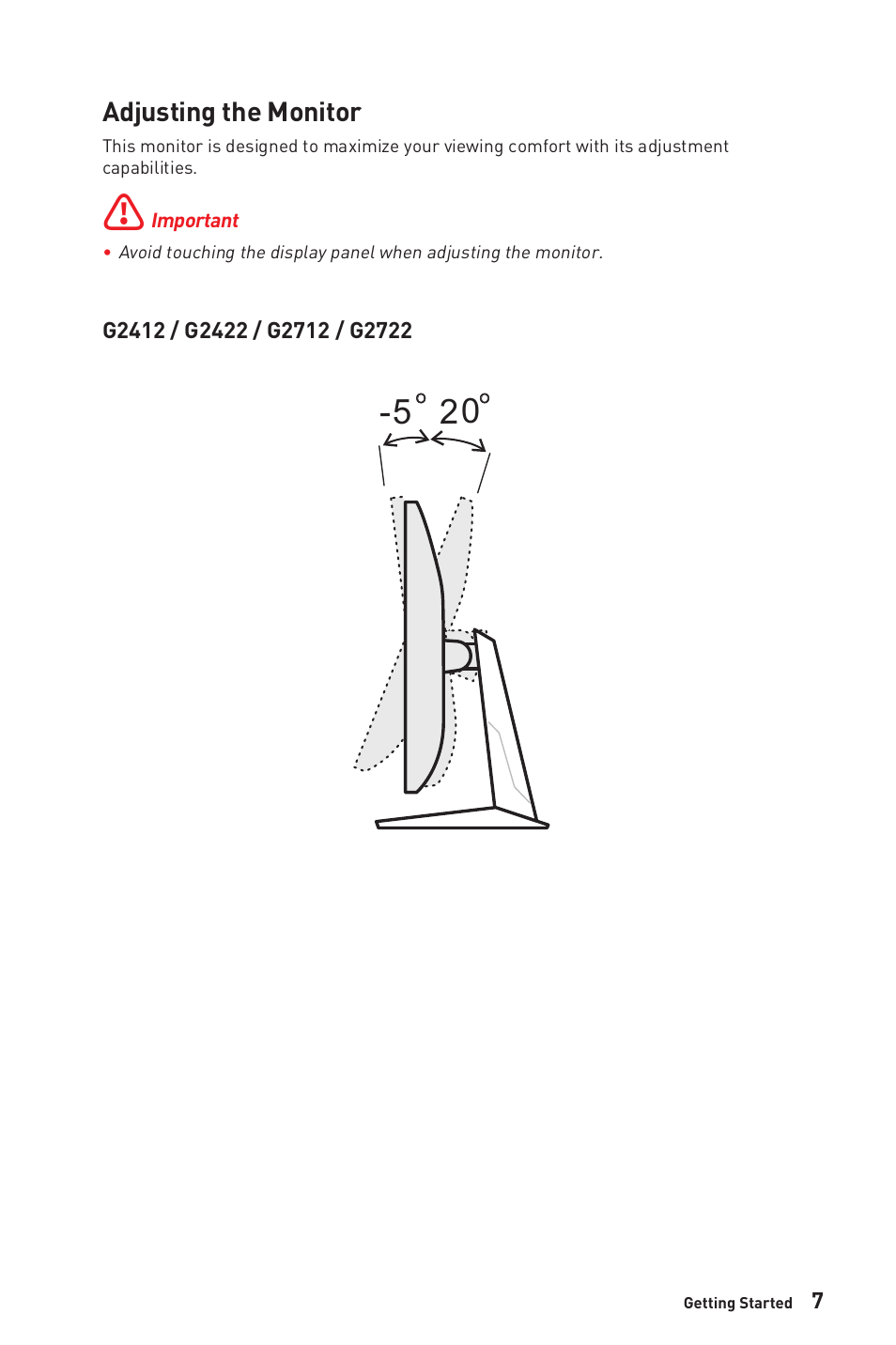 Adjusting the monitor | MSI Optix G2712 27" 170 Hz Gaming Monitor User Manual | Page 7 / 33