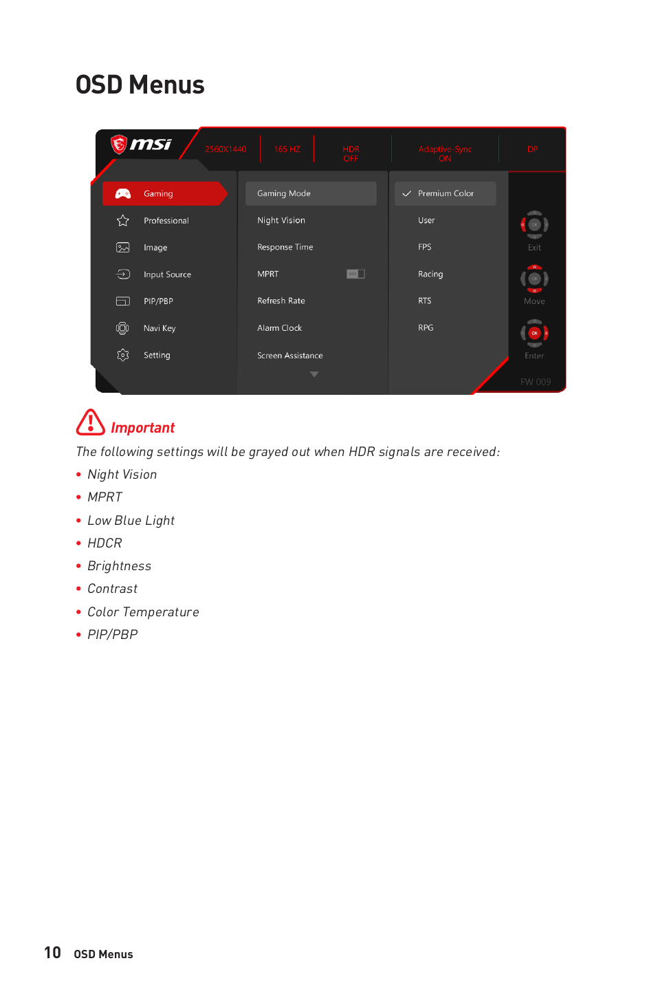 Osd menus | MSI G274QPF-QD 27" 1440p 170 Hz Gaming Monitor User Manual | Page 10 / 28