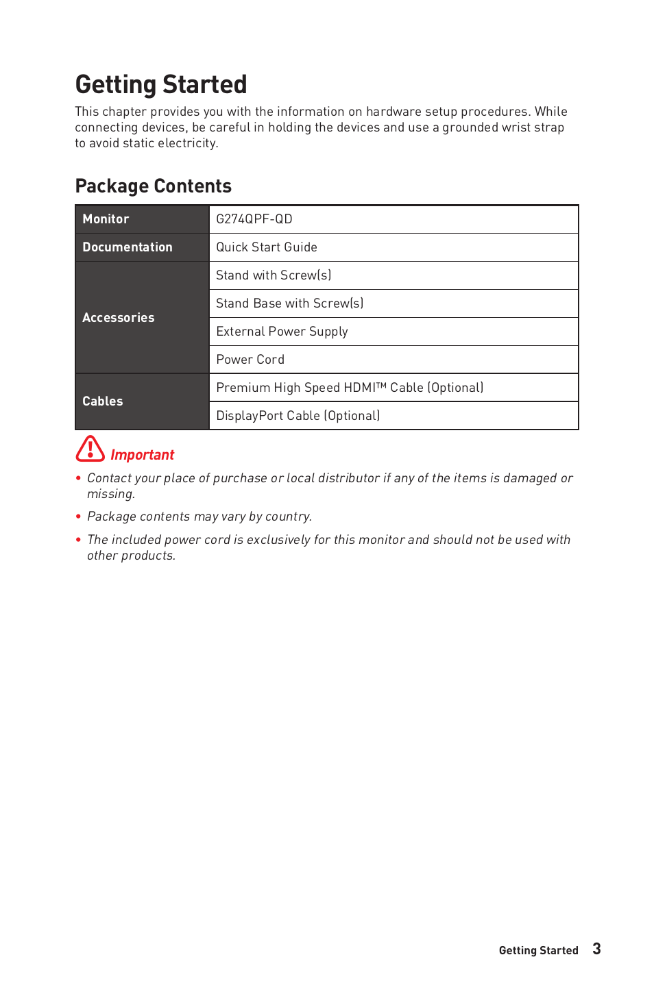 Getting started, Package contents | MSI G274QPF-QD 27" 1440p 170 Hz Gaming Monitor User Manual | Page 3 / 28