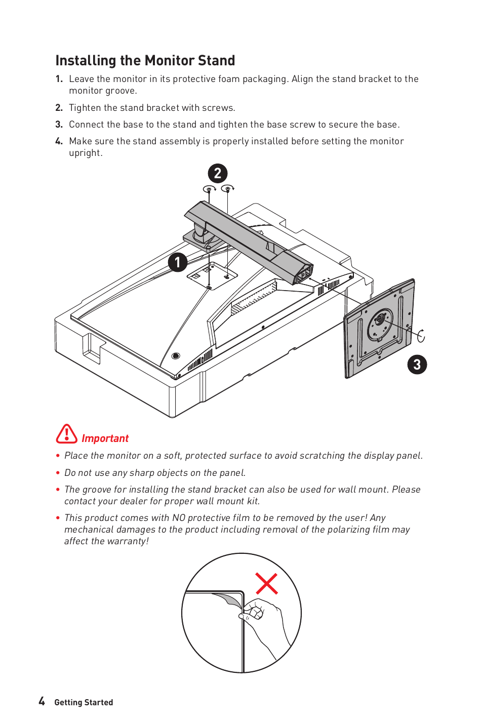 Installing the monitor stand | MSI G274QPF-QD 27" 1440p 170 Hz Gaming Monitor User Manual | Page 4 / 28