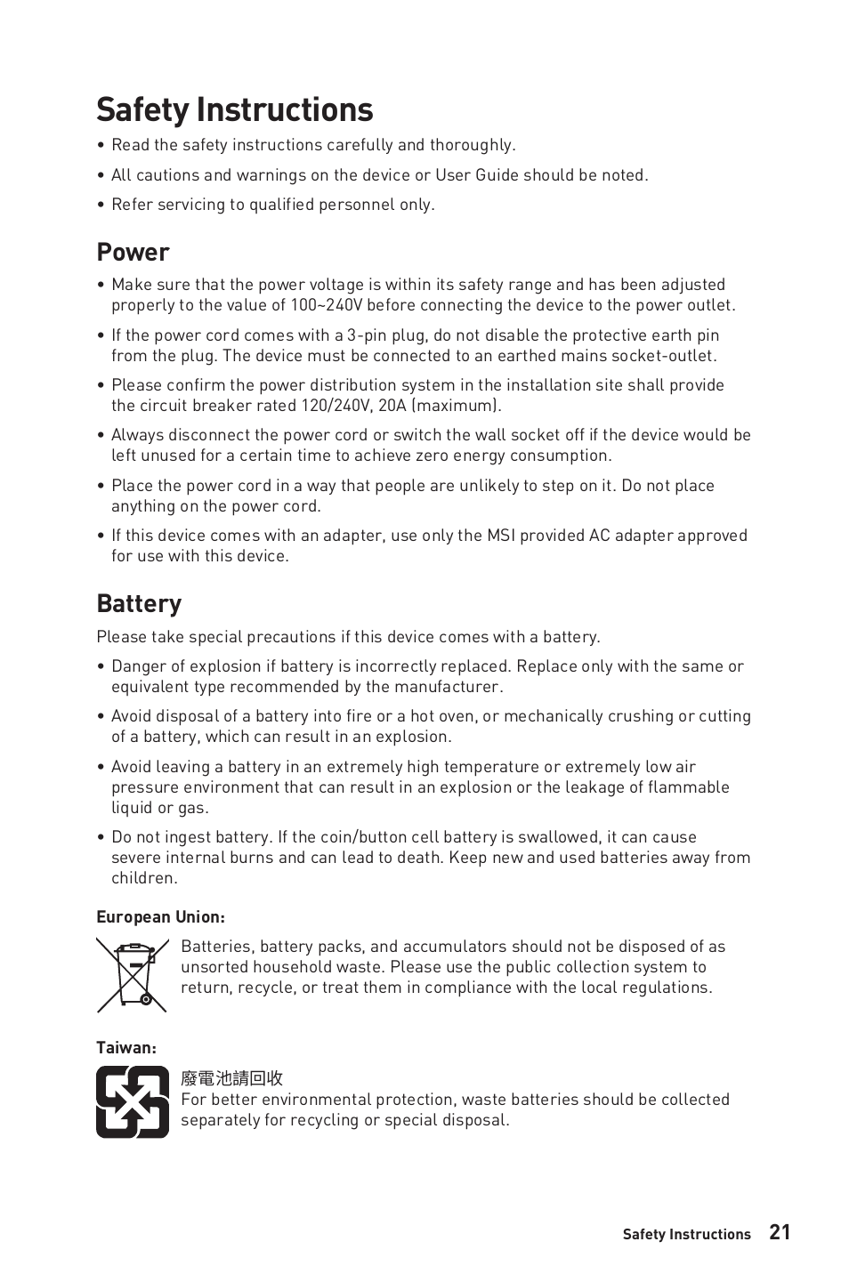 Safety instructions, Power, Battery | MSI G281UV 27.9" 4K HDR Gaming Monitor User Manual | Page 21 / 26