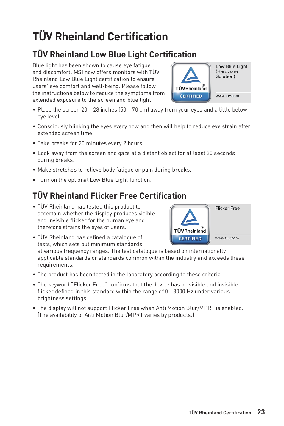 Tüv rheinland certification, Tüv rheinland low blue light certification, Tüv rheinland flicker free certification | MSI G281UV 27.9" 4K HDR Gaming Monitor User Manual | Page 23 / 26