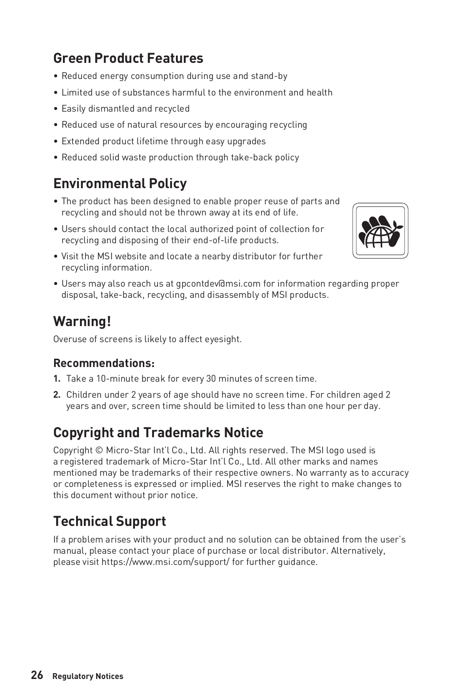 Green product features, Environmental policy, Warning | Copyright and trademarks notice, Technical support, Recommendations | MSI G281UV 27.9" 4K HDR Gaming Monitor User Manual | Page 26 / 26