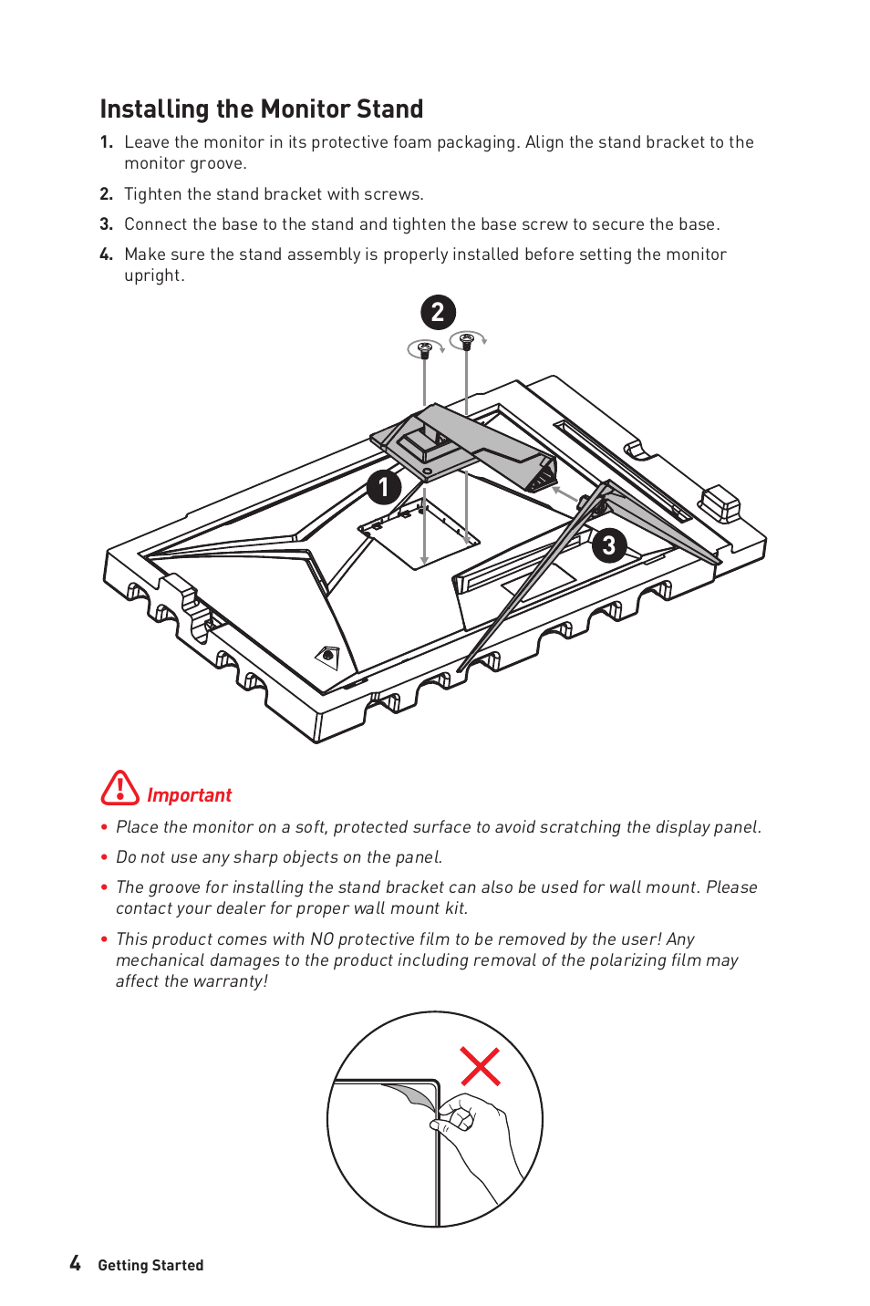 Installing the monitor stand | MSI G281UV 27.9" 4K HDR Gaming Monitor User Manual | Page 4 / 26