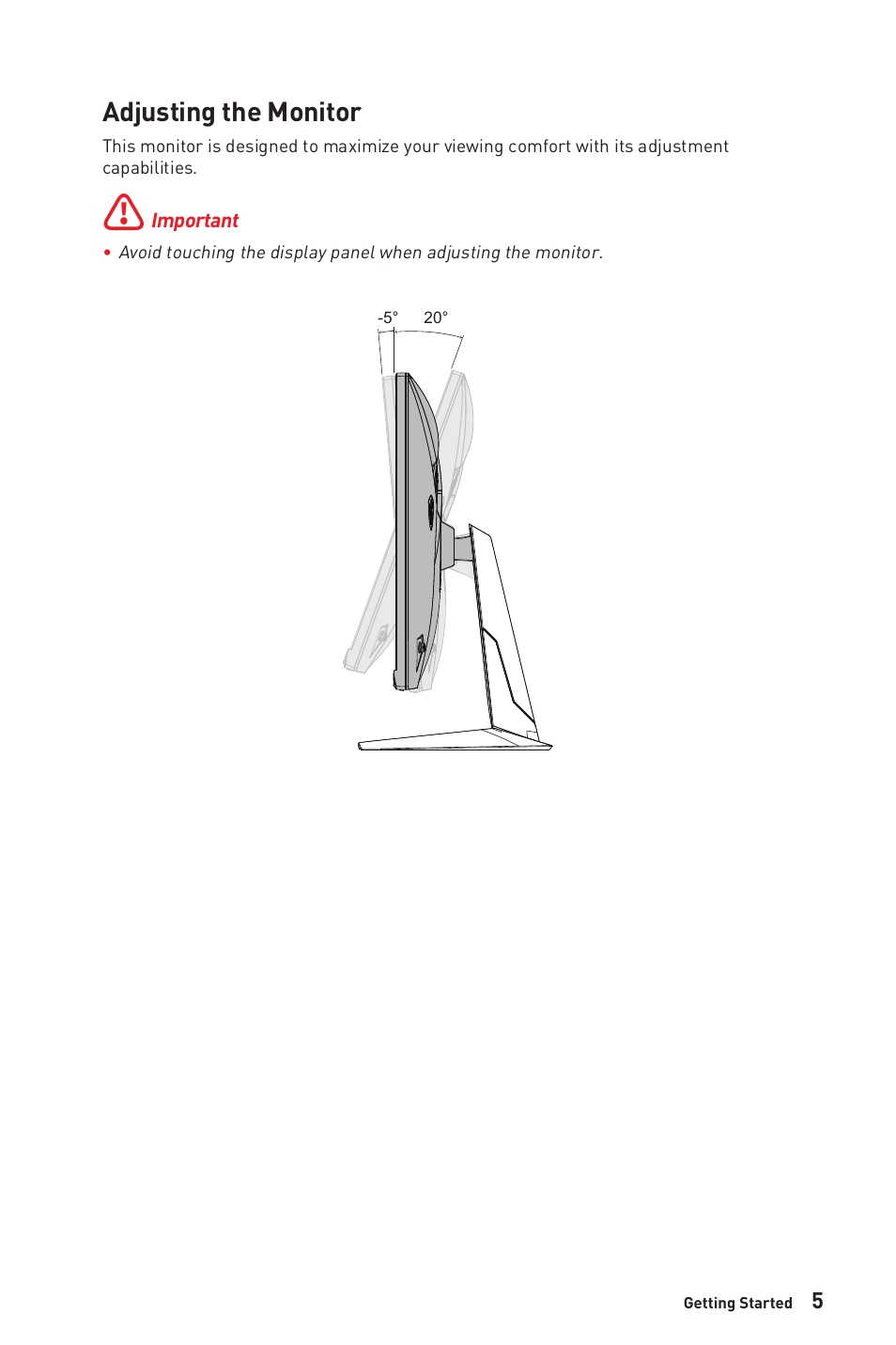 Adjusting the monitor | MSI G281UV 27.9" 4K HDR Gaming Monitor User Manual | Page 5 / 26