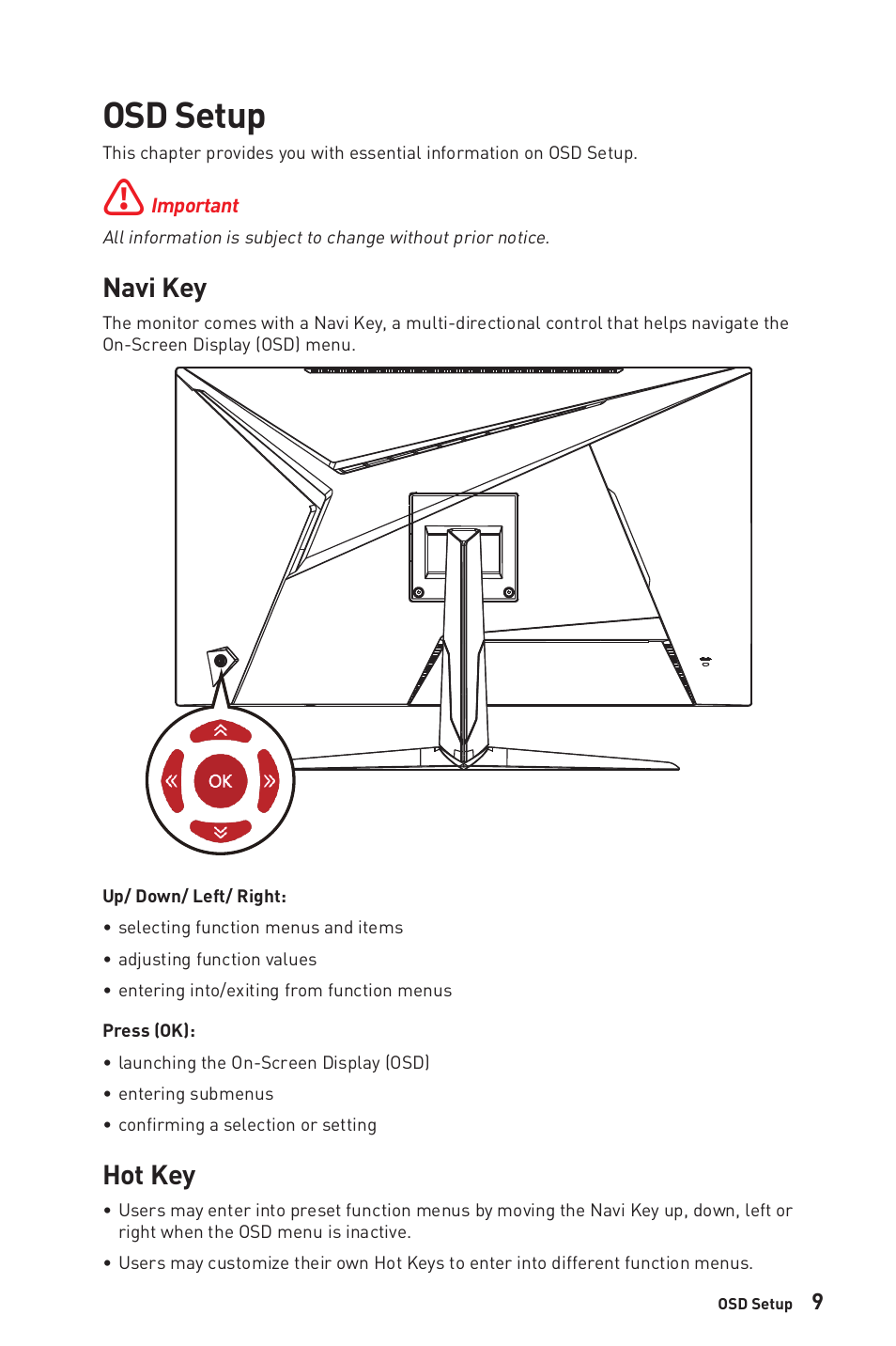 Osd setup, Navi key, Hot key | Navi key hot key | MSI G281UV 27.9" 4K HDR Gaming Monitor User Manual | Page 9 / 26