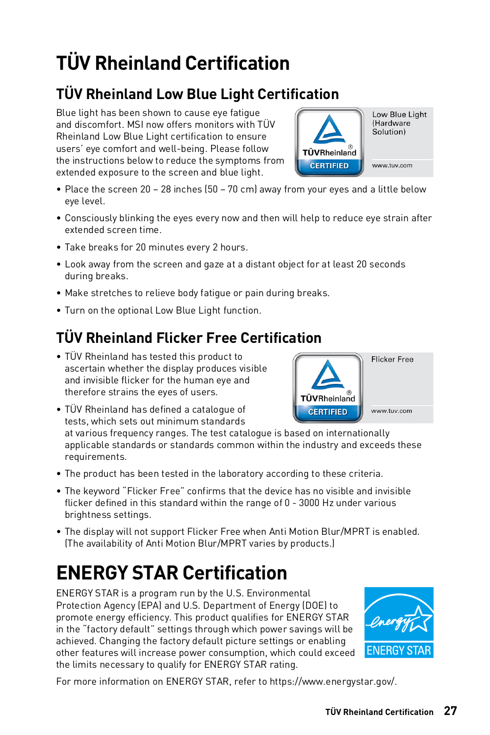 Tüv rheinland certification, Energy star certification, Tüv rheinland low blue light certification | Tüv rheinland flicker free certification | MSI 27" PRO MP273AW Monitor (Matte White) User Manual | Page 27 / 30